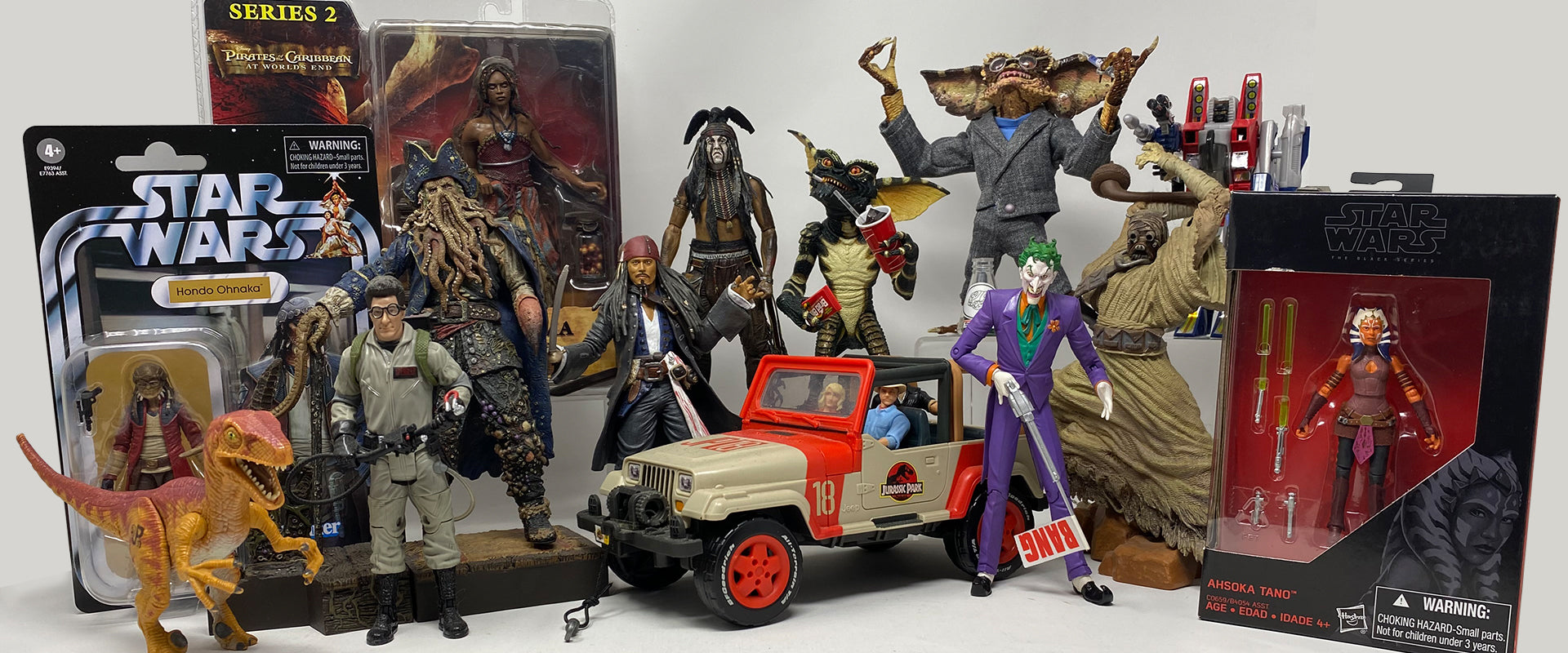 A collection of modern toys from Jurassic Park and Gremlins to Ghostbusters and DC Comics characters.