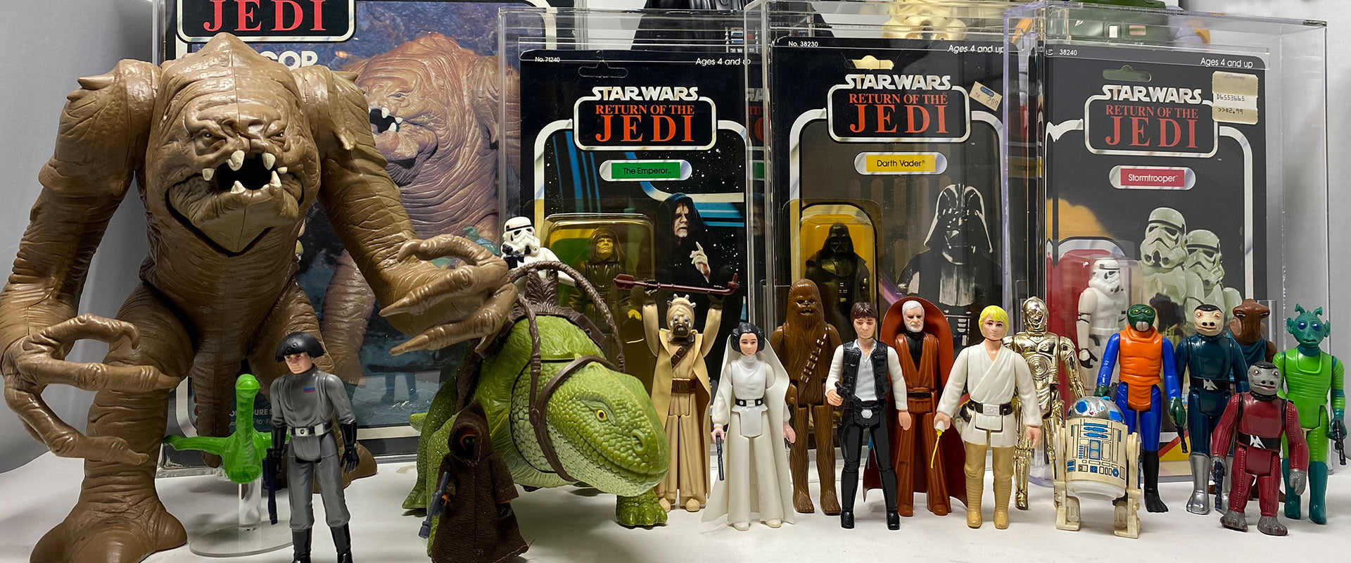 Original Star Wars figures and monsters in original Kenner packaging as well as loose and complete with authentic original accessories.